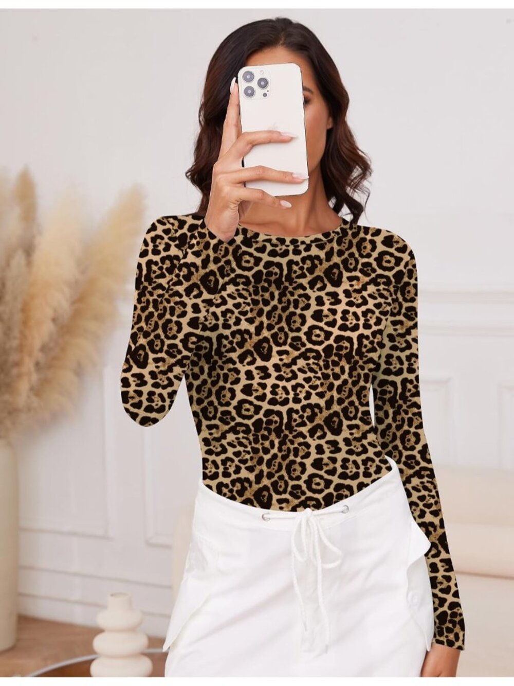 〽️Women's Leopard Mesh Long Sleeve Crew Tank Top Neck Tee Shirts Party Blouse - Picture 5 of 6